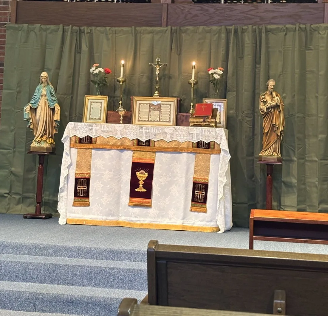 Altar prepared for Holy Mass during ongoing improvements